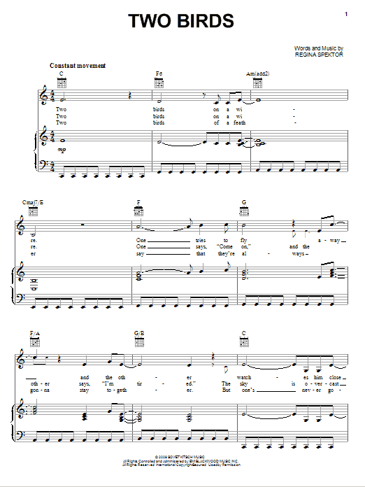 Learn to play Regina Spektor Two Birds sheet music for Piano, Vocal & Guitar Chords (Right-Hand Melody) in minutes. Price: 7.8900$ Regina Spektor Two Birds sheet music notes and chords arranged for Piano, Vocal & Guitar Chords (Right-Hand Melody)