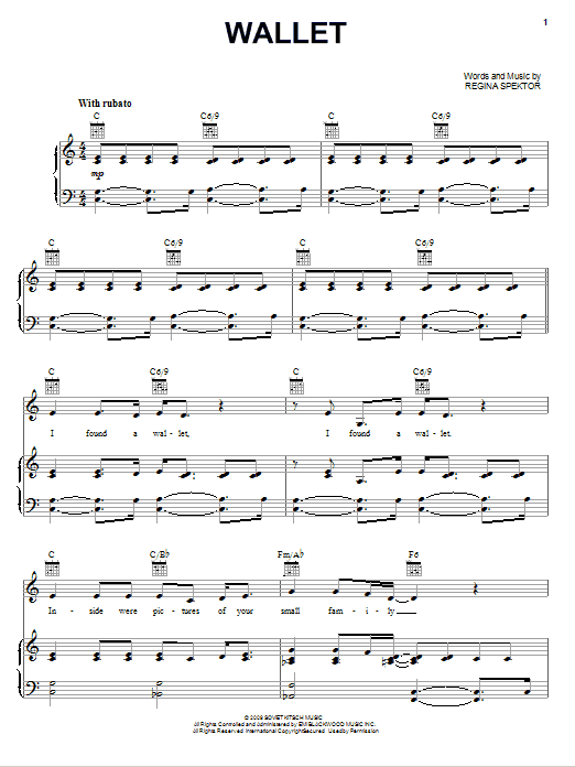 Learn to play Regina Spektor Wallet sheet music for Piano, Vocal & Guitar Chords (Right-Hand Melody) in minutes. Price: 7.8900$ Regina Spektor Wallet sheet music notes and chords arranged for Piano, Vocal & Guitar Chords (Right-Hand Melody)