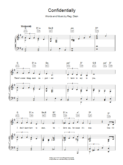 Learn to play Reginald Dixon Confidentially sheet music for Piano, Vocal & Guitar Chords in minutes. Price: 7.8900$ Reginald Dixon Confidentially sheet music notes and chords arranged for Piano, Vocal & Guitar Chords