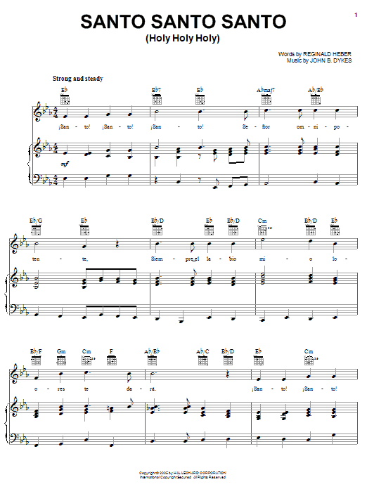 Learn to play Reginald Heber Santo Santo Santo (Holy Holy Holy) sheet music for Piano, Vocal & Guitar Chords (Right-Hand Melody) in minutes. Price: 7.8900$ Reginald Heber Santo Santo Santo (Holy Holy Holy) sheet music notes and chords arranged for Piano, Vocal & Guitar Chords (Right-Hand Melody)