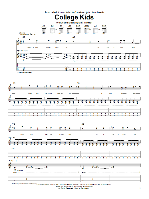 Learn to play Relient K College Kids sheet music for Guitar Tab in minutes. Price: 7.8900$ Relient K College Kids sheet music notes and chords arranged for Guitar Tab
