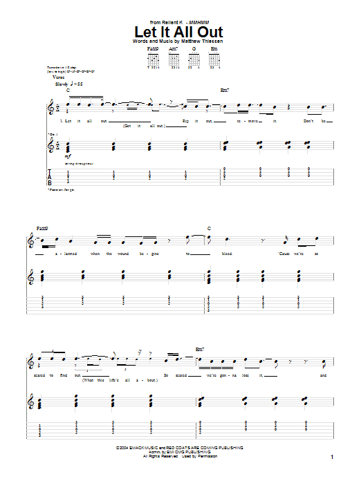 Learn to play Relient K Let It All Out sheet music for Guitar Tab in minutes. Price: 7.8900$ Relient K Let It All Out sheet music notes and chords arranged for Guitar Tab