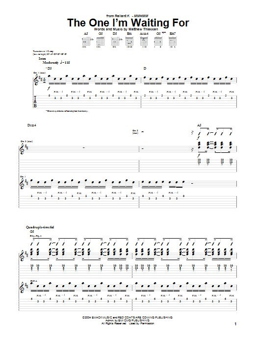 Learn to play Relient K The One I'm Waiting For sheet music for Guitar Tab in minutes. Price: 7.8900$ Relient K The One I'm Waiting For sheet music notes and chords arranged for Guitar Tab