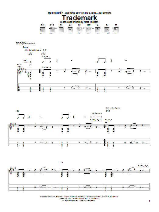 Learn to play Relient K Trademark sheet music for Guitar Tab in minutes. Price: 7.8900$ Relient K Trademark sheet music notes and chords arranged for Guitar Tab