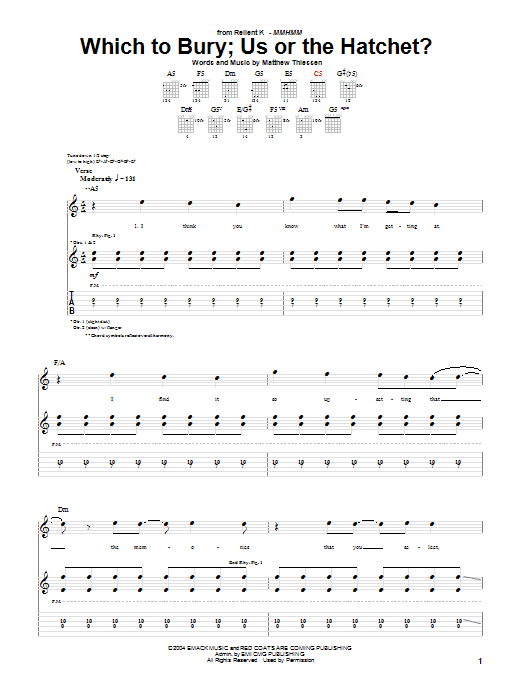 Learn to play Relient K Which To Bury; Us Or The Hatchet? sheet music for Guitar Tab in minutes. Price: 7.8900$ Relient K Which To Bury; Us Or The Hatchet? sheet music notes and chords arranged for Guitar Tab