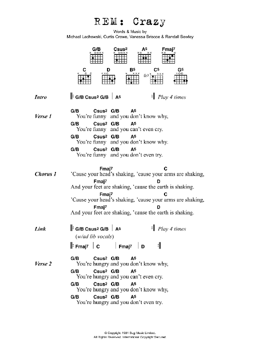 R.E.M. Crazy sheet music notes and chords. Download Printable PDF.