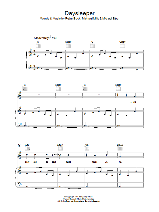 Learn to play R.E.M. Daysleeper sheet music for Piano, Vocal & Guitar Chords in minutes. Price: 7.8900$ R.E.M. Daysleeper sheet music notes and chords arranged for Piano, Vocal & Guitar Chords