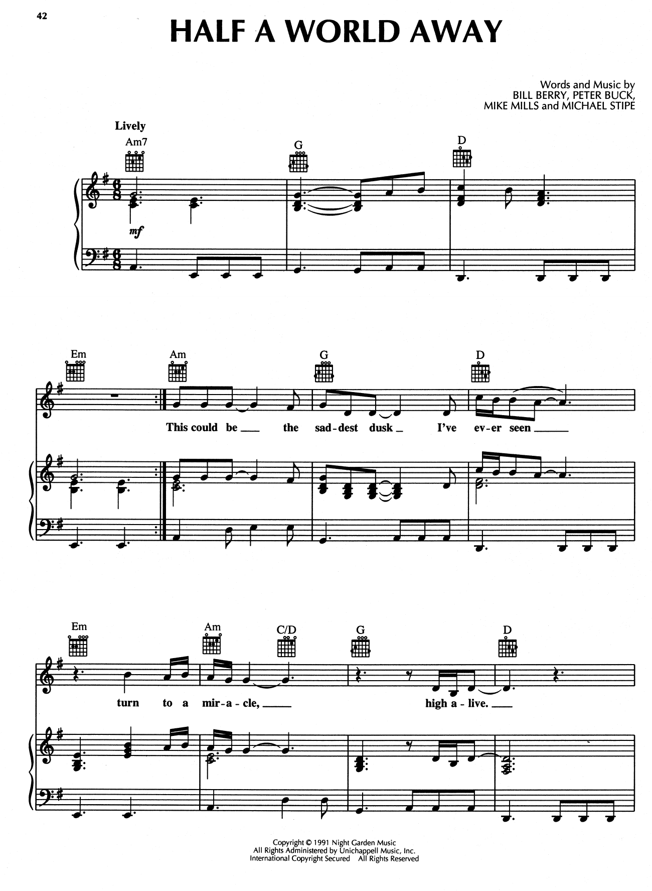 R.E.M. Half A World Away sheet music notes and chords. Download Printable PDF.