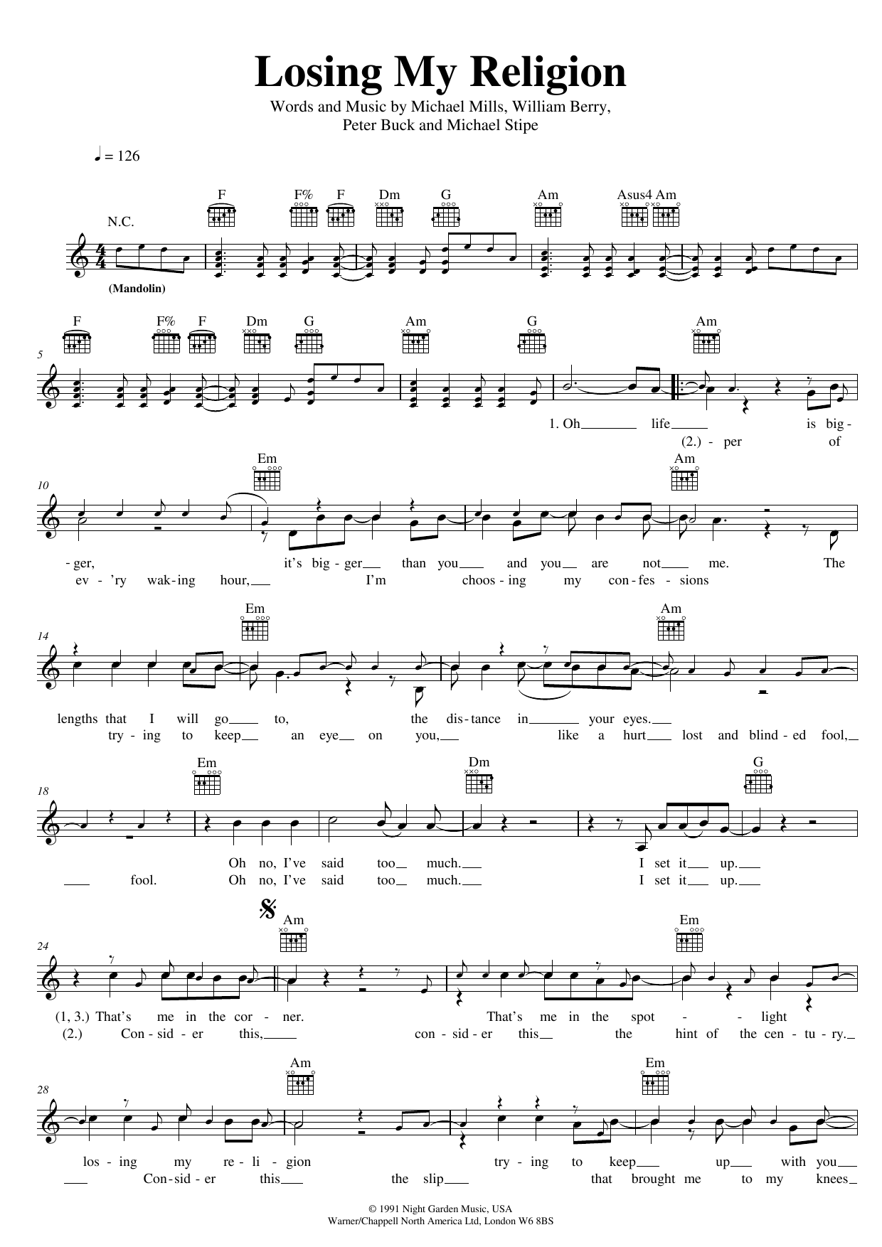 R.E.M. Losing My Religion sheet music notes and chords. Download Printable PDF.