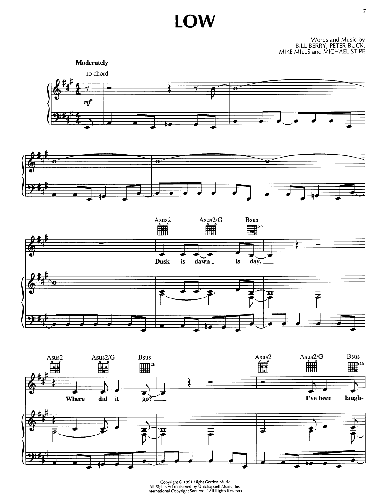 Learn to play R.E.M. Low sheet music for Piano, Vocal & Guitar Chords (Right-Hand Melody) in minutes. Price: 7.8900$ R.E.M. Low sheet music notes and chords arranged for Piano, Vocal & Guitar Chords (Right-Hand Melody)