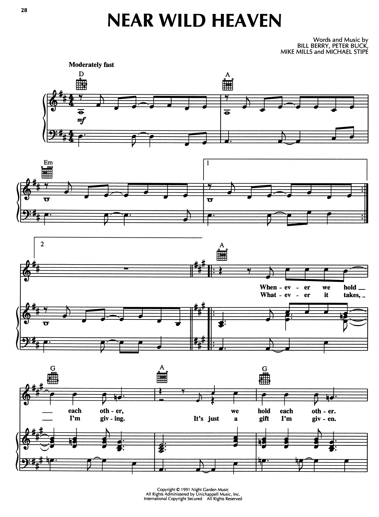 Learn to play R.E.M. Near Wild Heaven sheet music for Piano, Vocal & Guitar Chords (Right-Hand Melody) in minutes. Price: 7.8900$ R.E.M. Near Wild Heaven sheet music notes and chords arranged for Piano, Vocal & Guitar Chords (Right-Hand Melody)