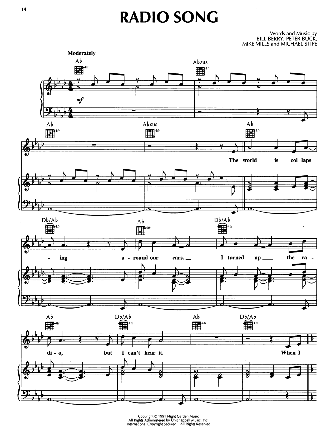 Learn to play R.E.M. Radio Song sheet music for Piano, Vocal & Guitar Chords (Right-Hand Melody) in minutes. Price: 7.8900$ R.E.M. Radio Song sheet music notes and chords arranged for Piano, Vocal & Guitar Chords (Right-Hand Melody)