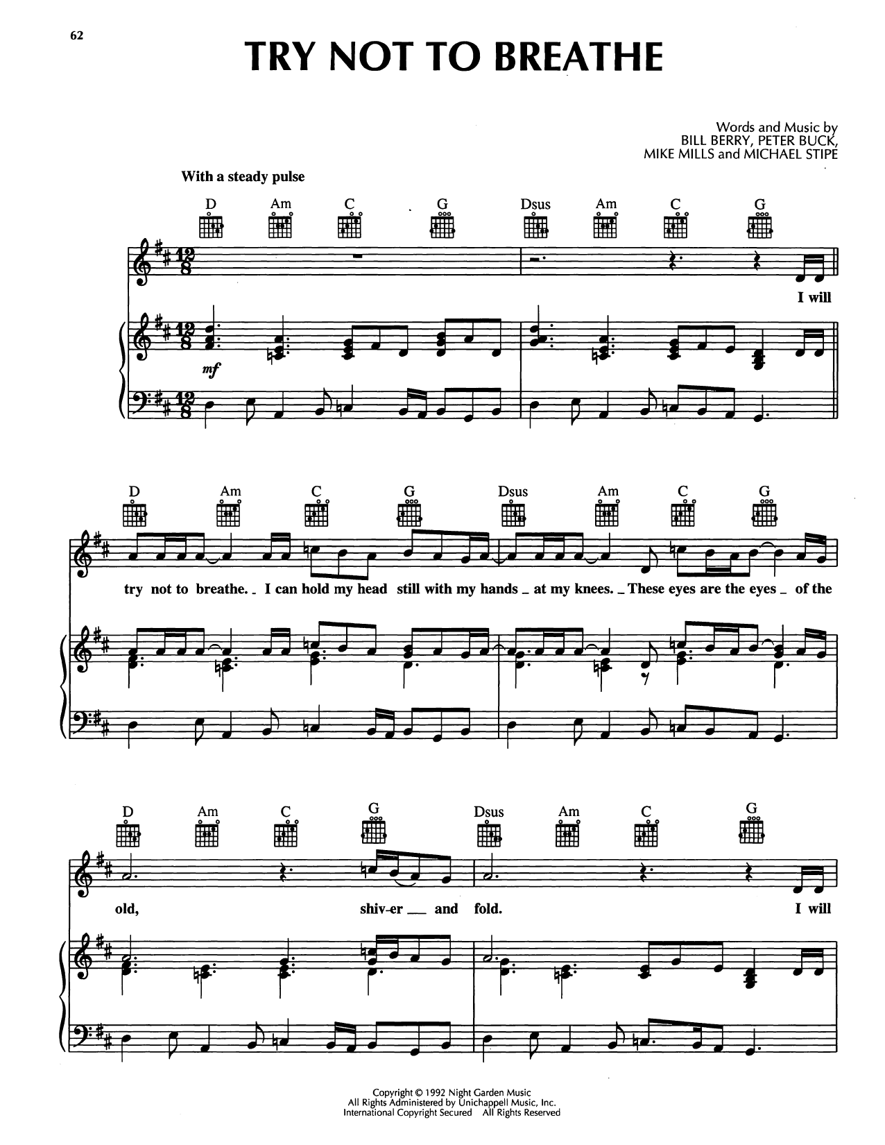 R.E.M. Try Not To Breathe sheet music notes and chords arranged for Piano, Vocal & Guitar Chords (Right-Hand Melody)