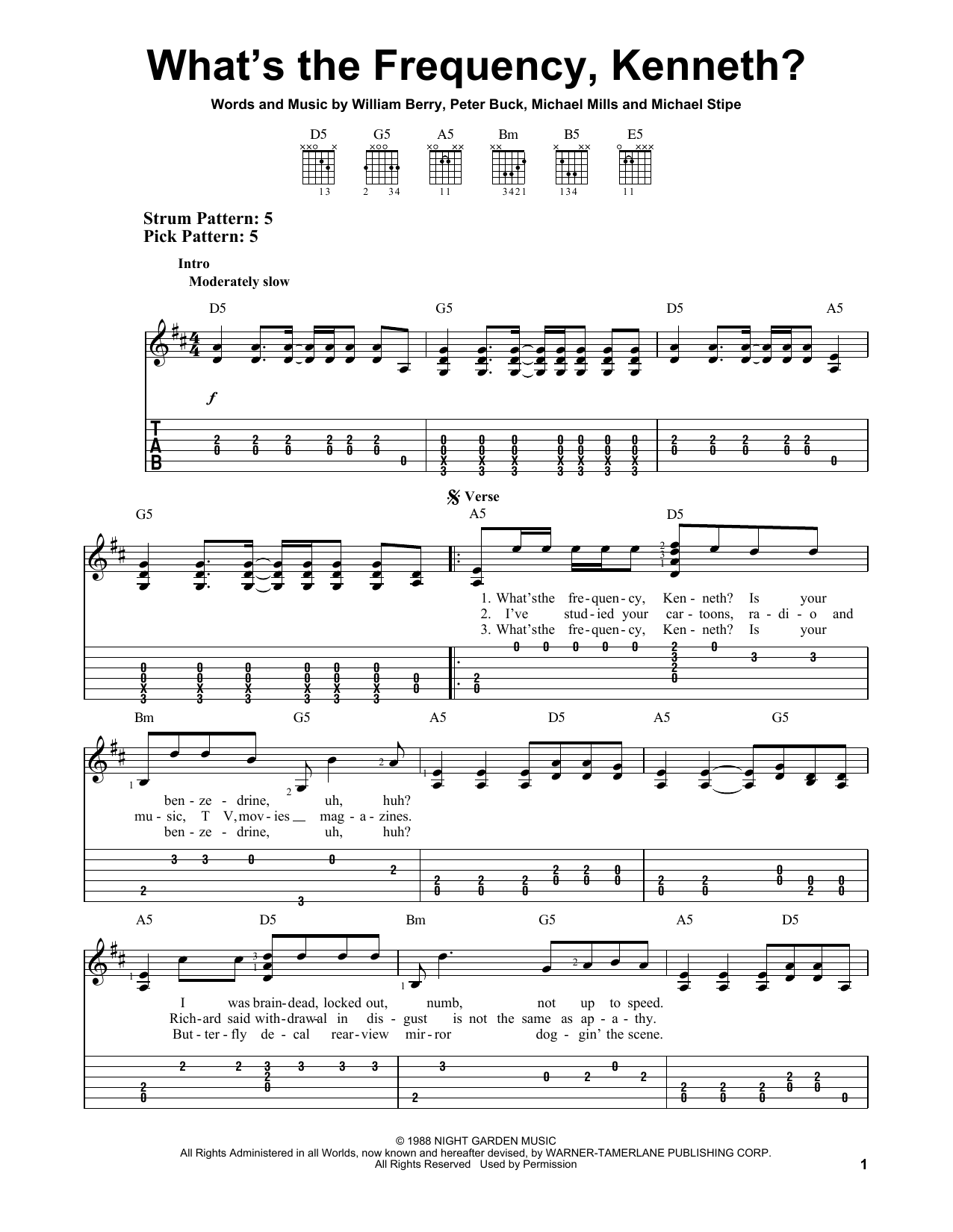 R.E.M. What's The Frequency, Kenneth? sheet music notes and chords. Download Printable PDF.