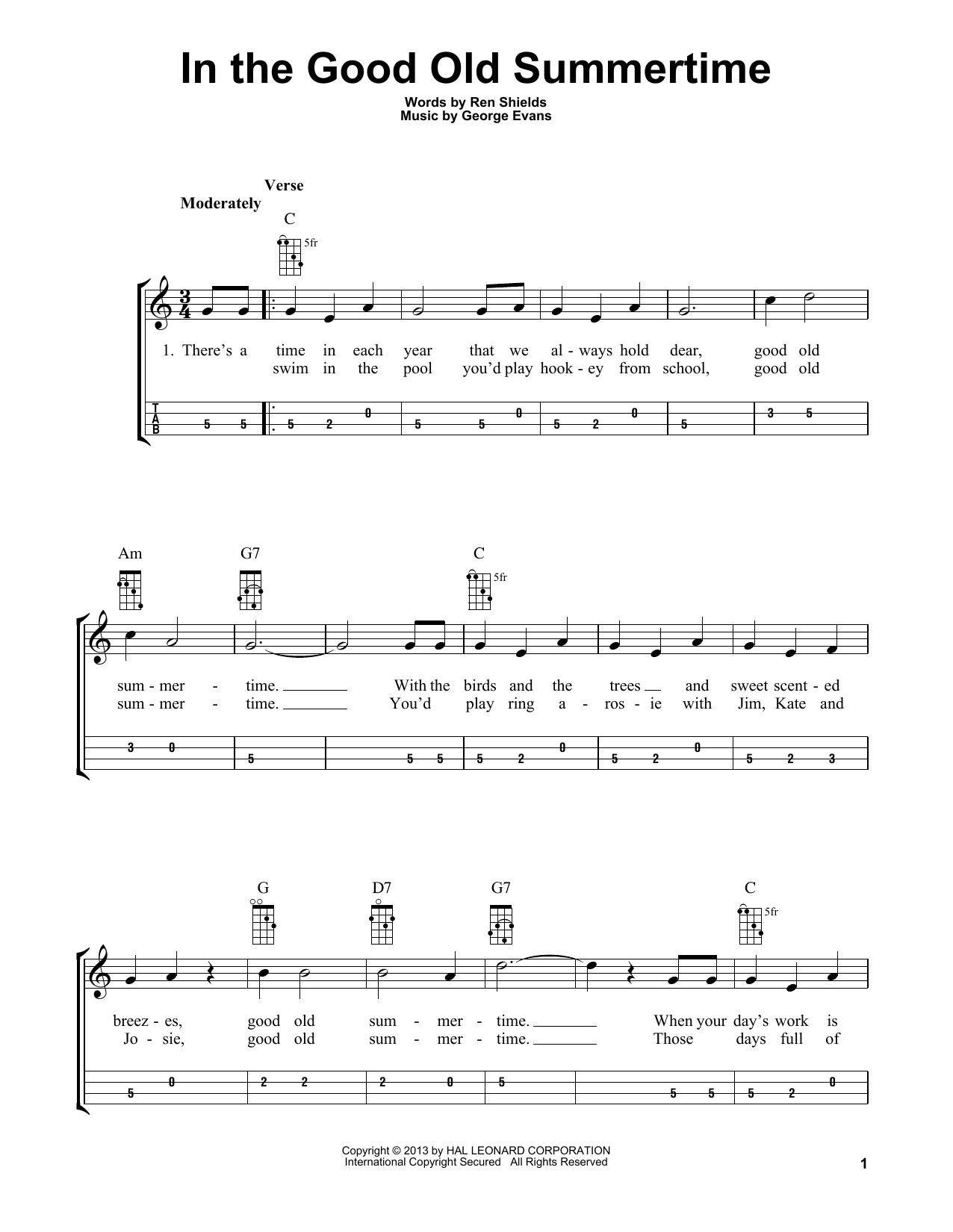 Ren Shields and George Evans In The Good Old Summertime (arr. Bobby Westfall) sheet music notes and chords. Download Printable PDF.