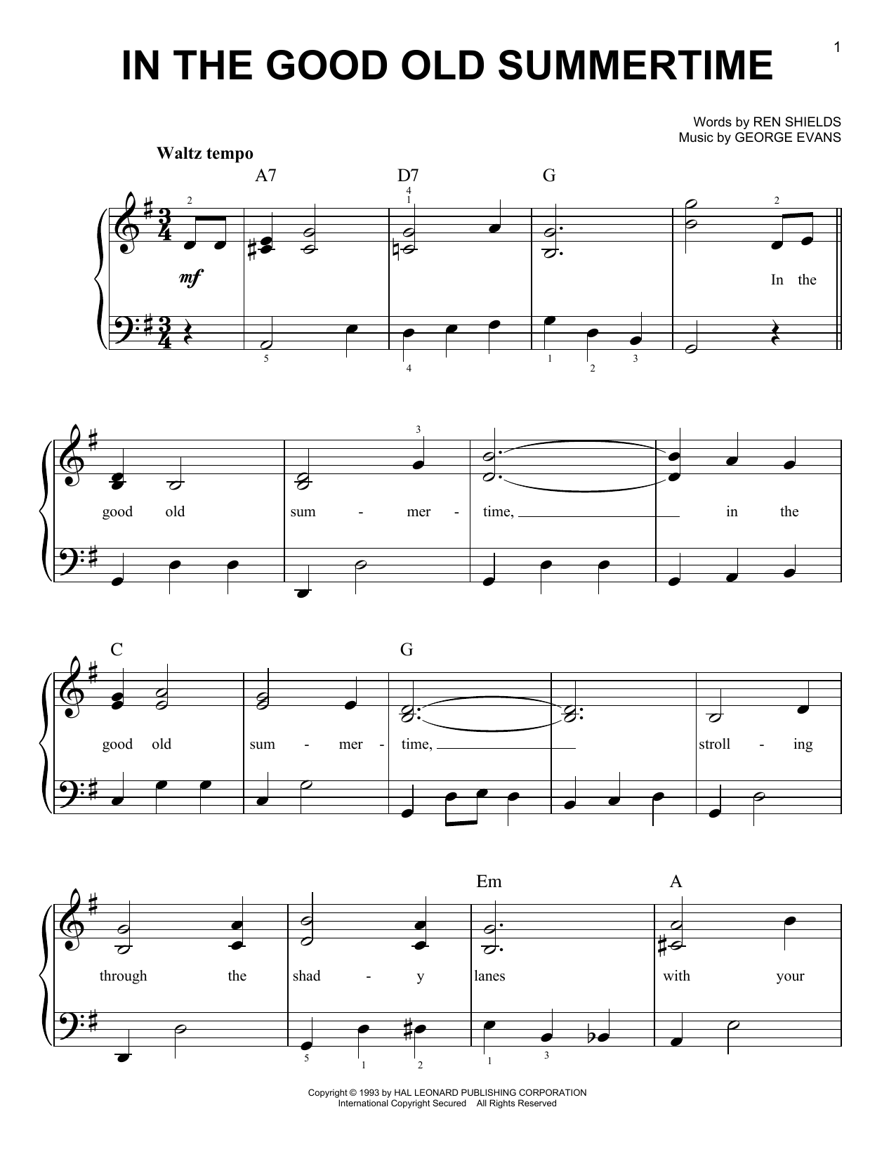 Ren Shields In The Good Old Summertime sheet music notes and chords. Download Printable PDF.