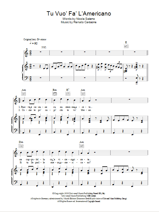 Renato Carosone Tu Vuò Fà L'Americano sheet music notes and chords arranged for Piano, Vocal & Guitar Chords