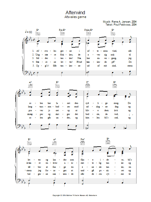 Learn to play René A. Jensen Aftenvind - Afsvales Gerne sheet music for Piano, Vocal & Guitar Chords in minutes. Price: 7.8900$ René A. Jensen Aftenvind - Afsvales Gerne sheet music notes and chords arranged for Piano, Vocal & Guitar Chords