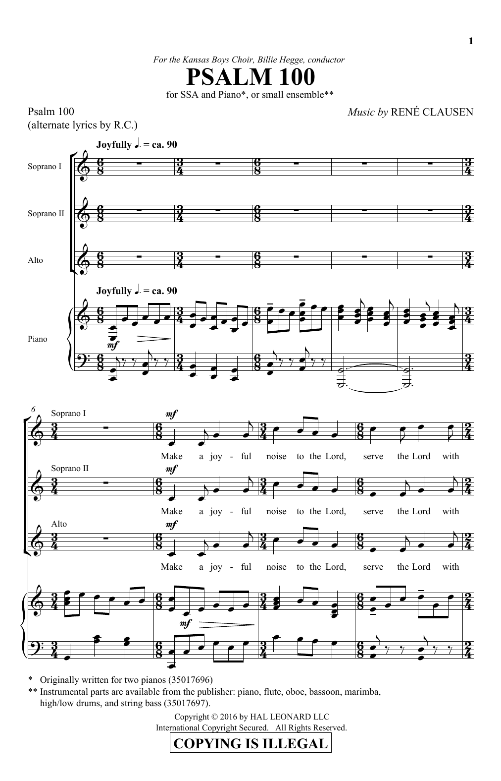 Learn to play Rene Clausen Psalm 100 sheet music for SSA Choir in minutes. Price: 3.9900$ Rene Clausen Psalm 100 sheet music notes and chords arranged for SSA Choir