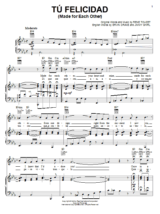 Learn to play Rene Touzet Tu Felicidad (Made For Each Other) sheet music for Piano, Vocal & Guitar Chords (Right-Hand Melody) in minutes. Price: 7.8900$ Rene Touzet Tu Felicidad (Made For Each Other) sheet music notes and chords arranged for Piano, Vocal & Guitar Chords (Right-Hand Melody)