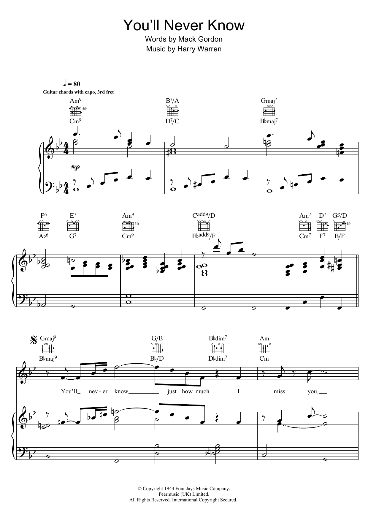 Learn to play Renée Fleming You'll Never Know (from 'The Shape of Water') sheet music for Piano, Vocal & Guitar Chords in minutes. Price: 7.8900$ Renée Fleming You'll Never Know (from 'The Shape of Water') sheet music notes and chords arranged for Piano, Vocal & Guitar Chords