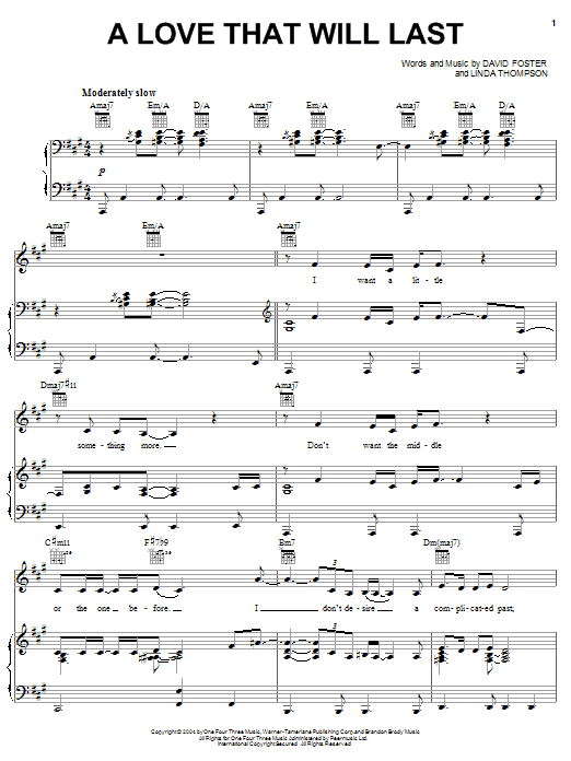 Learn to play Renee Olstead A Love That Will Last sheet music for Piano, Vocal & Guitar Chords (Right-Hand Melody) in minutes. Price: 7.8900$ Renee Olstead A Love That Will Last sheet music notes and chords arranged for Piano, Vocal & Guitar Chords (Right-Hand Melody)