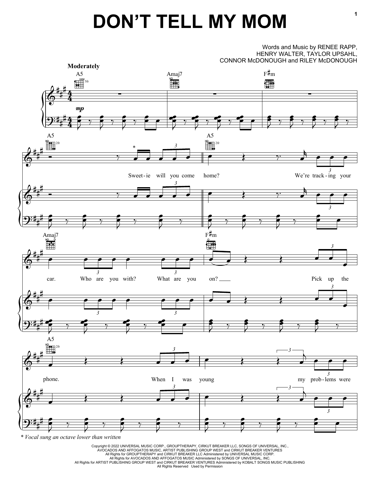 Reneé Rapp Don't Tell My Mom sheet music notes and chords. Download Printable PDF.