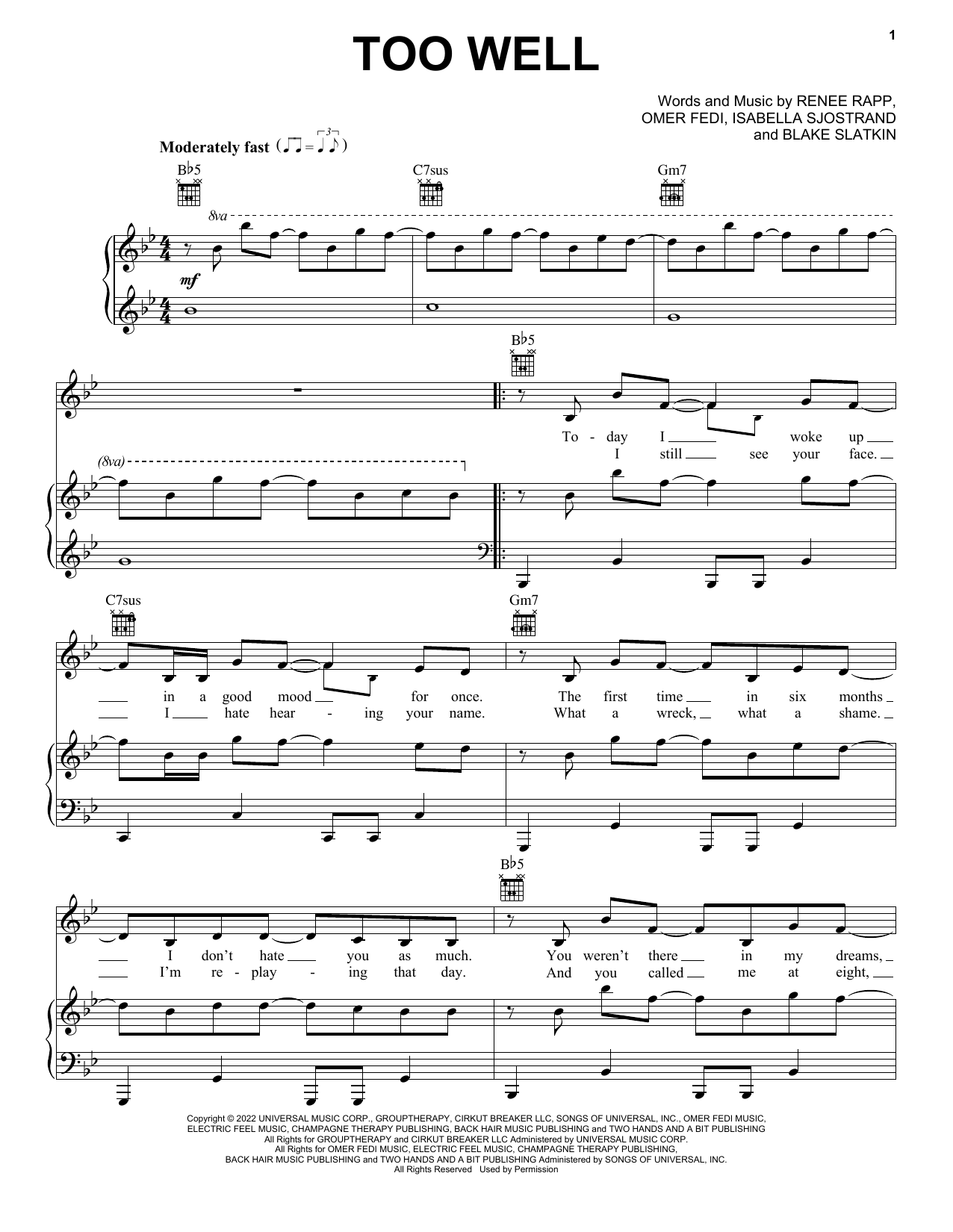 Reneé Rapp Too Well sheet music notes and chords. Download Printable PDF.