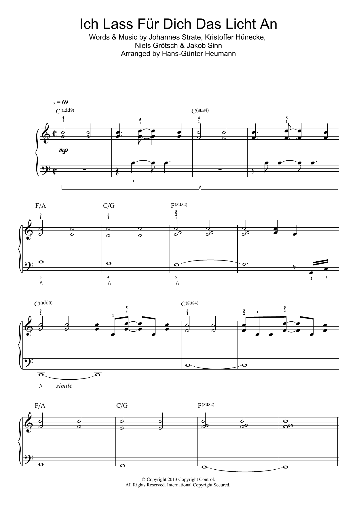 Learn to play Revolverheld Ich Lass Für Dich Das Licht An sheet music for Easy Piano in minutes. Price: 6.9900$ Revolverheld Ich Lass Für Dich Das Licht An sheet music notes and chords arranged for Easy Piano