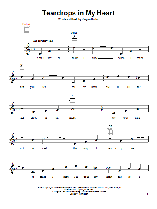 Learn to play Rex Allen, Jr. Teardrops In My Heart sheet music for Ukulele in minutes. Price: 5.9900$ Rex Allen, Jr. Teardrops In My Heart sheet music notes and chords arranged for Ukulele