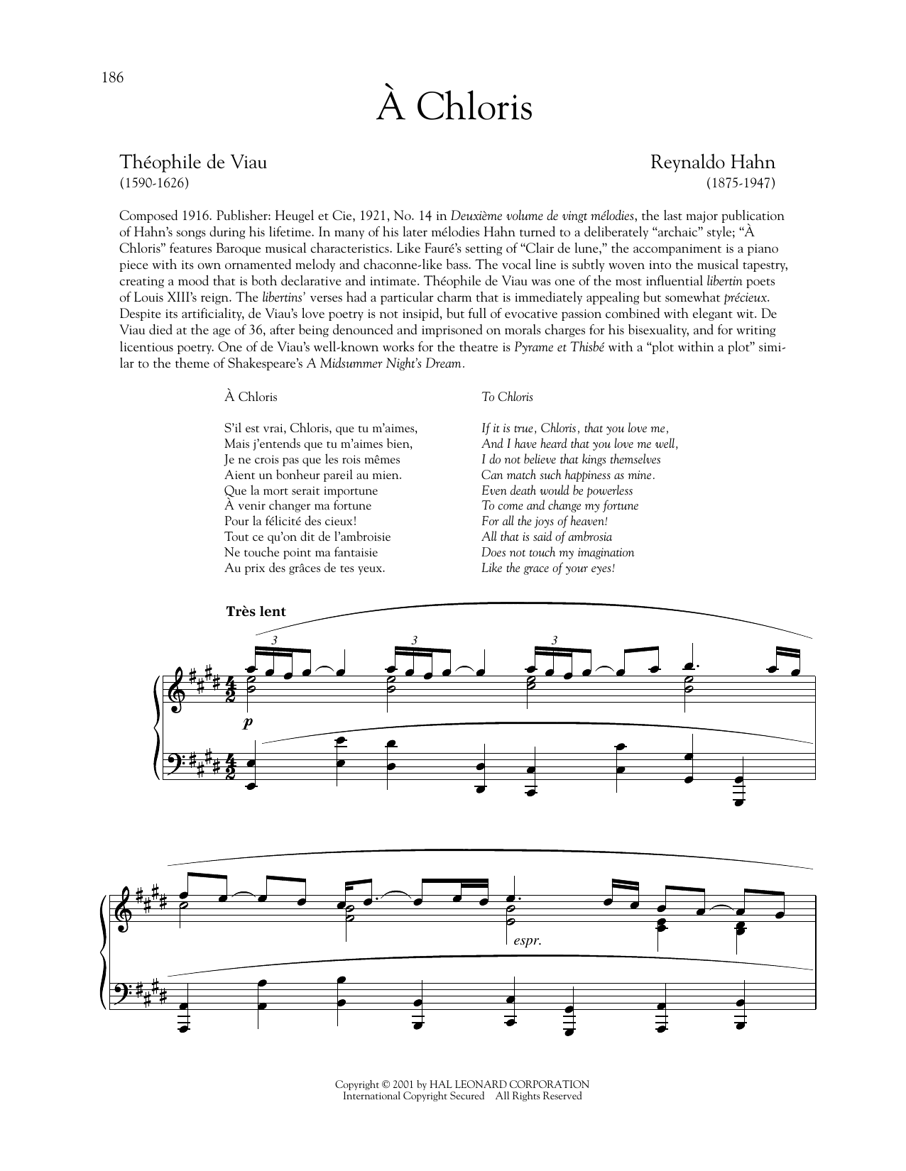 Reynaldo Hahn A Chloris sheet music notes and chords. Download Printable PDF.