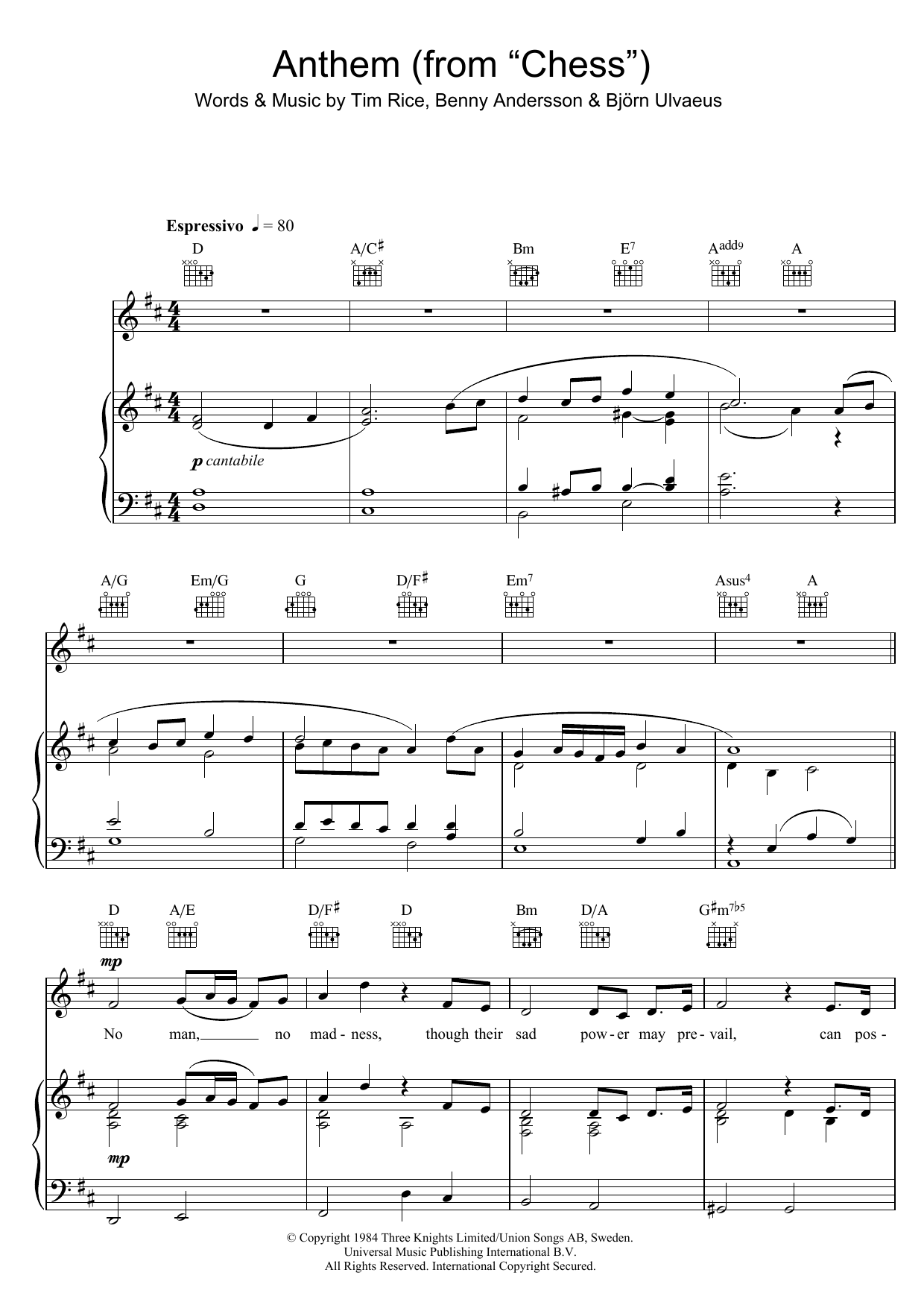 Rhydian Anthem (from Chess) sheet music notes and chords. Download Printable PDF.