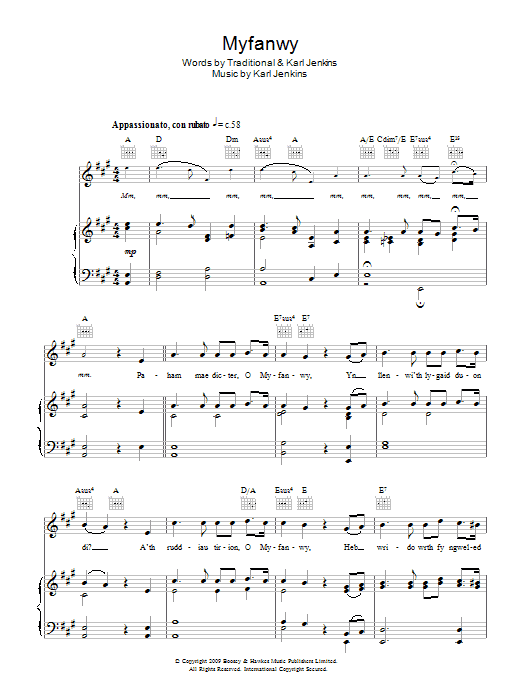 Rhydian Myfanwy sheet music notes and chords arranged for Piano, Vocal & Guitar Chords