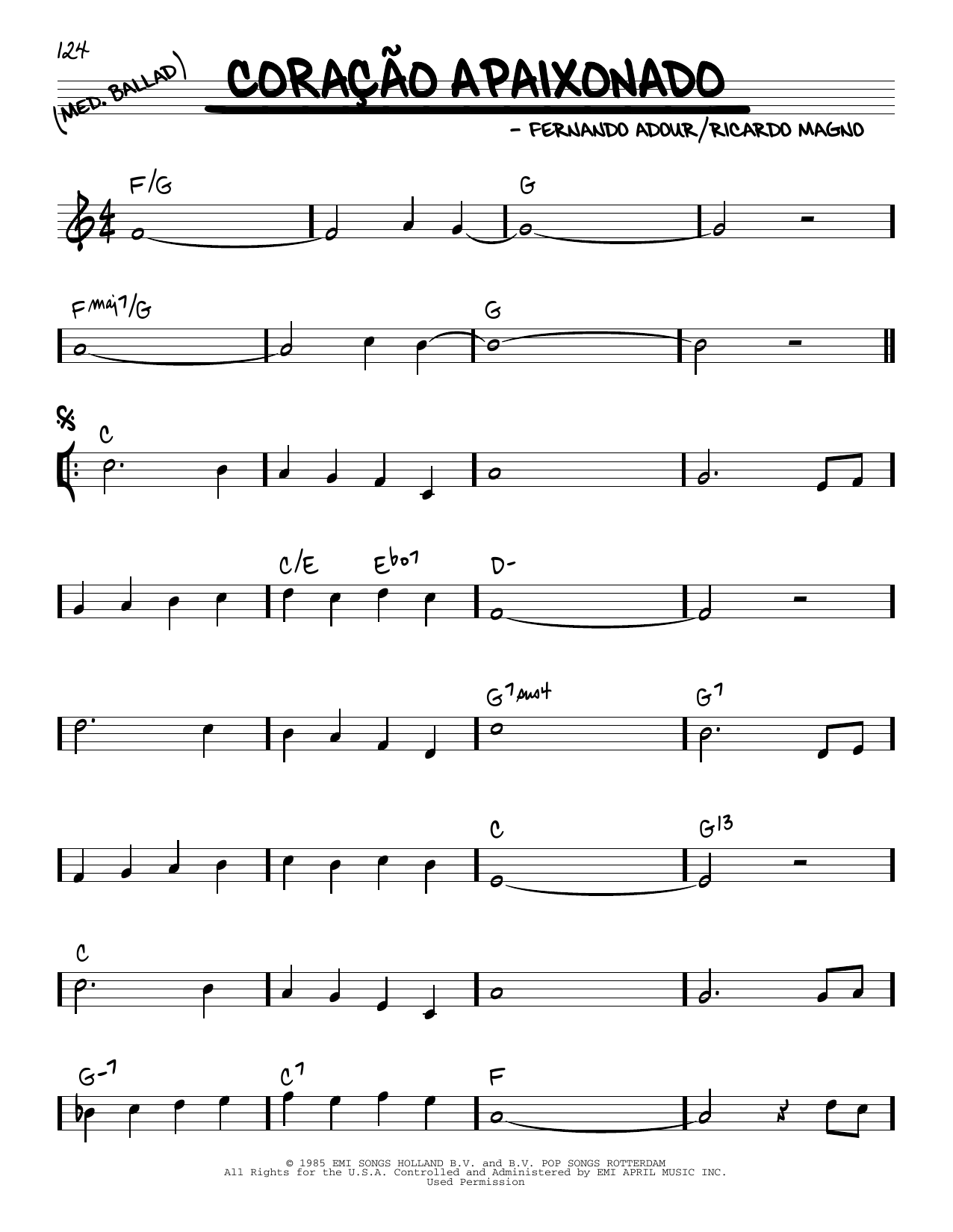 Learn to play Ricardo Magno Coracao Apaixonado sheet music for Real Book – Melody & Chords in minutes. Price: 5.9900$ Ricardo Magno Coracao Apaixonado sheet music notes and chords arranged for Real Book – Melody & Chords