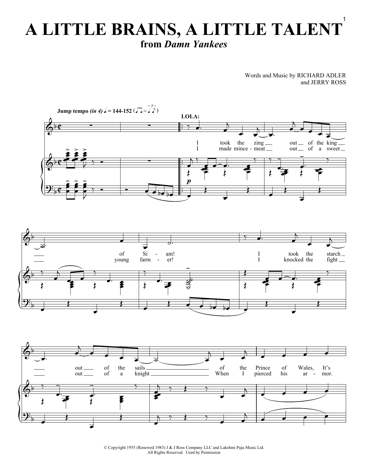 Richard Adler and Jerry Ross A Little Brains, A Little Talent (from Damn Yankees) sheet music notes and chords. Download Printable PDF.