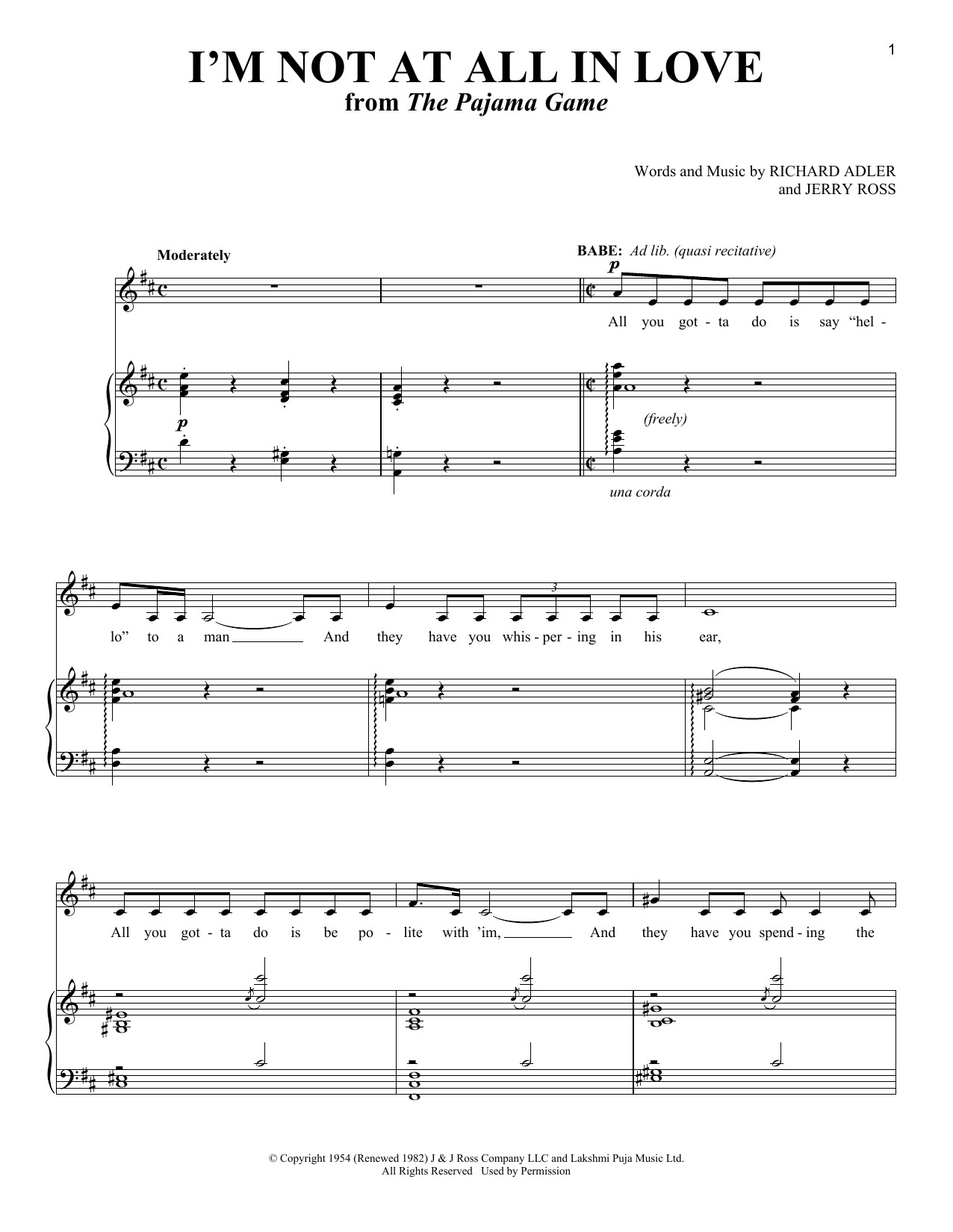 Richard Adler and Jerry Ross I'm Not At All In Love (from The Pajama Game) sheet music notes and chords. Download Printable PDF.