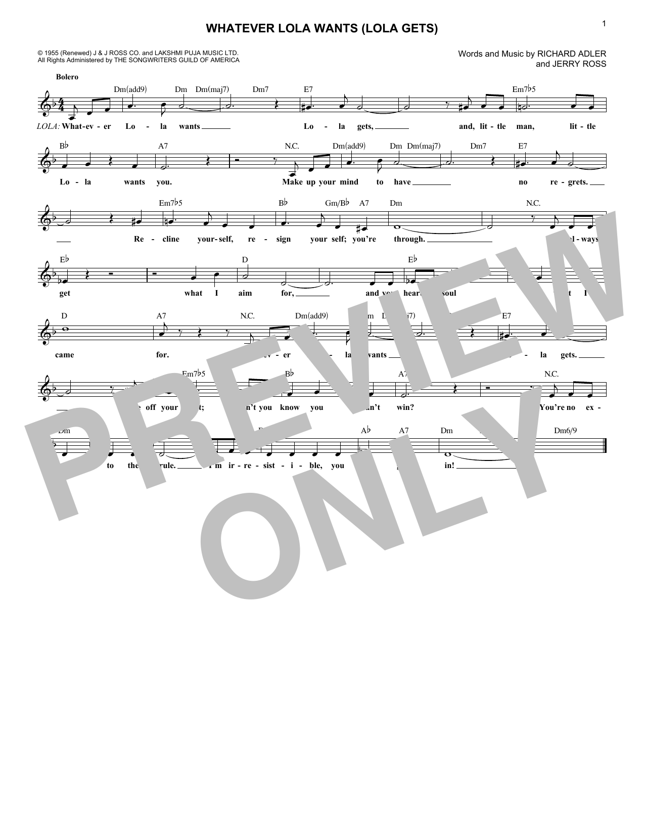 Richard Adler Whatever Lola Wants (Lola Gets) sheet music notes and chords. Download Printable PDF.