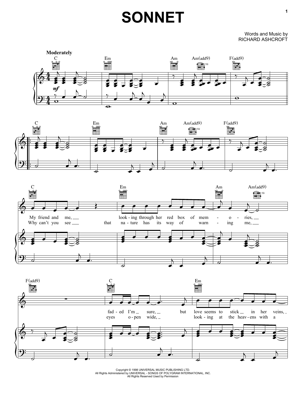 Richard Ashcroft Sonnet (John Lewis 2024) sheet music notes and chords. Download Printable PDF.