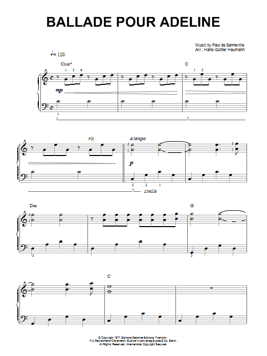 Richard Clayderman Ballade Pour Adeline sheet music notes and chords. Download Printable PDF.