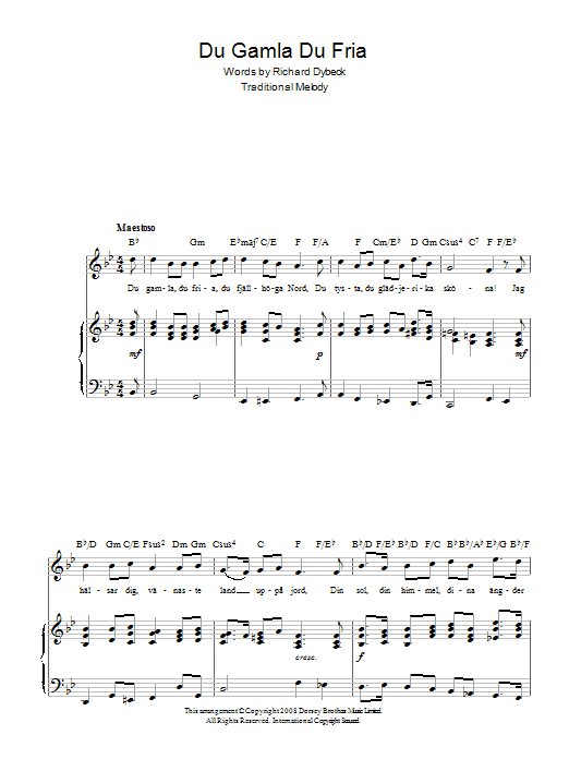 Learn to play Richard Dybeck Du Gamla Du Fria (Swedish National Anthem) sheet music for Piano, Vocal & Guitar Chords in minutes. Price: 7.8900$ Richard Dybeck Du Gamla Du Fria (Swedish National Anthem) sheet music notes and chords arranged for Piano, Vocal & Guitar Chords