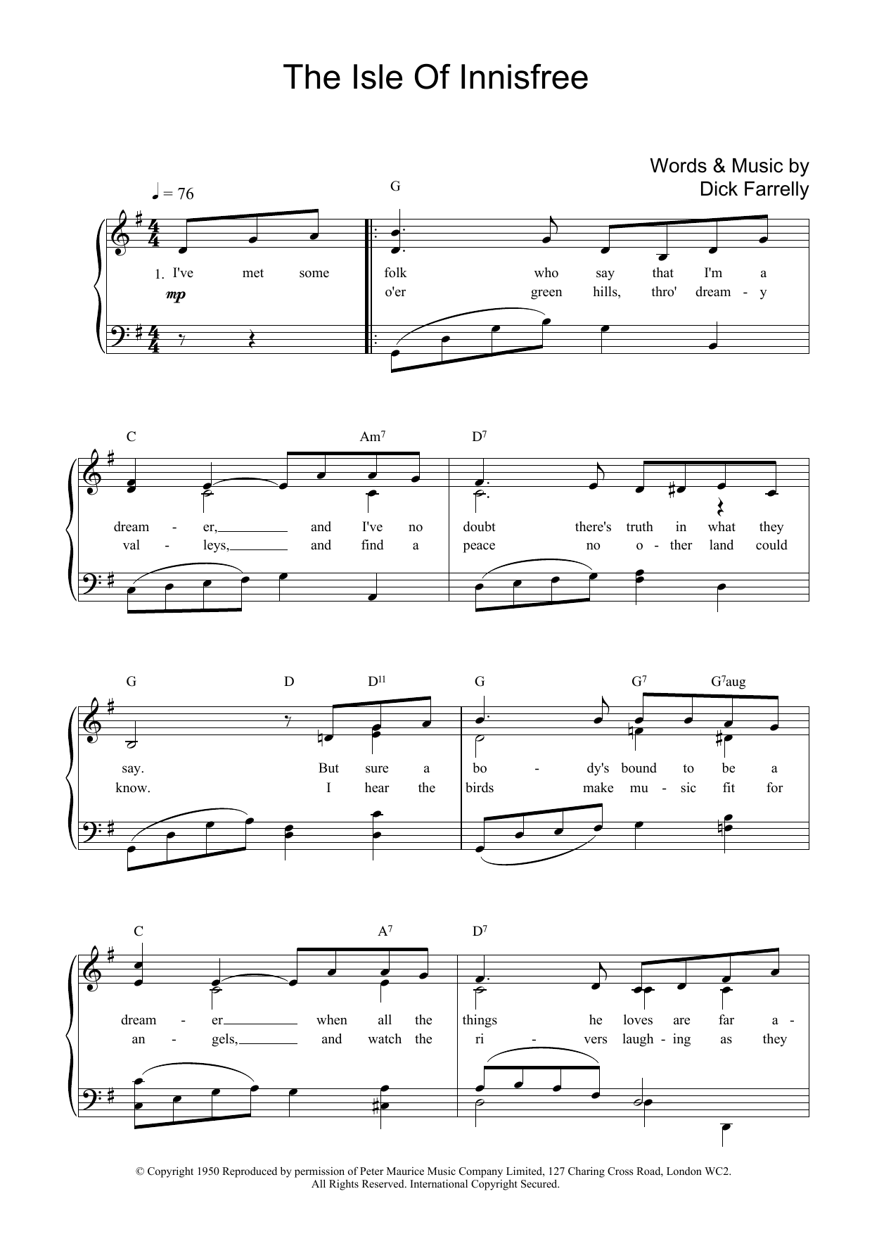 Dick Farrelly The Isle Of Innisfree sheet music notes and chords. Download Printable PDF.