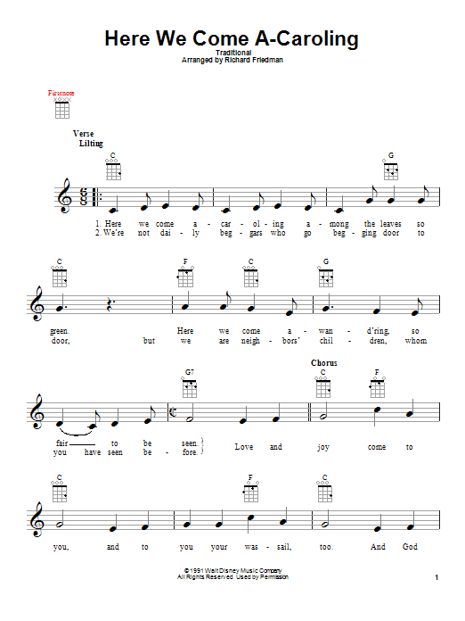 Learn to play Richard Friedman Here We Come A-Caroling sheet music for Ukulele in minutes. Price: 5.9900$ Richard Friedman Here We Come A-Caroling sheet music notes and chords arranged for Ukulele