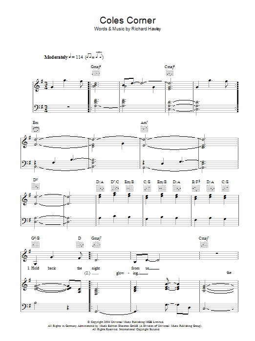 Richard Hawley Coles Corner sheet music notes and chords. Download Printable PDF.