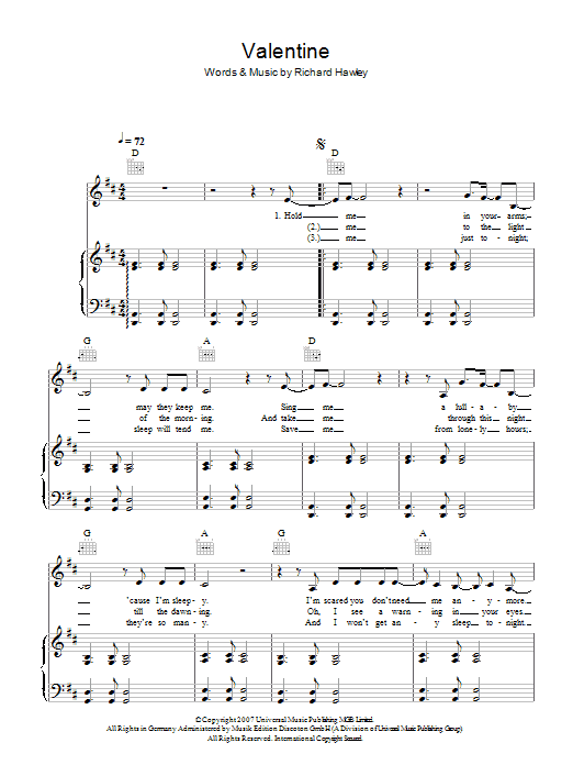 Richard Hawley Valentine sheet music notes and chords. Download Printable PDF.