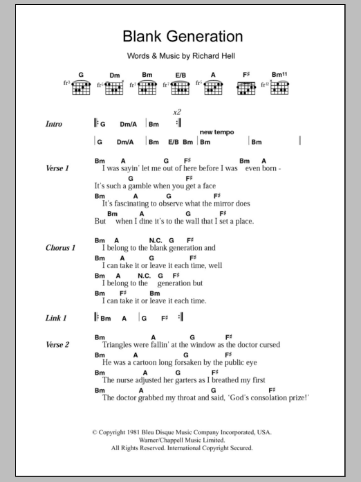 Learn to play Richard Hell & The Voidnoids Blank Generation sheet music for Guitar Chords/Lyrics in minutes. Price: 4.4900$ Richard Hell & The Voidnoids Blank Generation sheet music notes and chords arranged for Guitar Chords/Lyrics