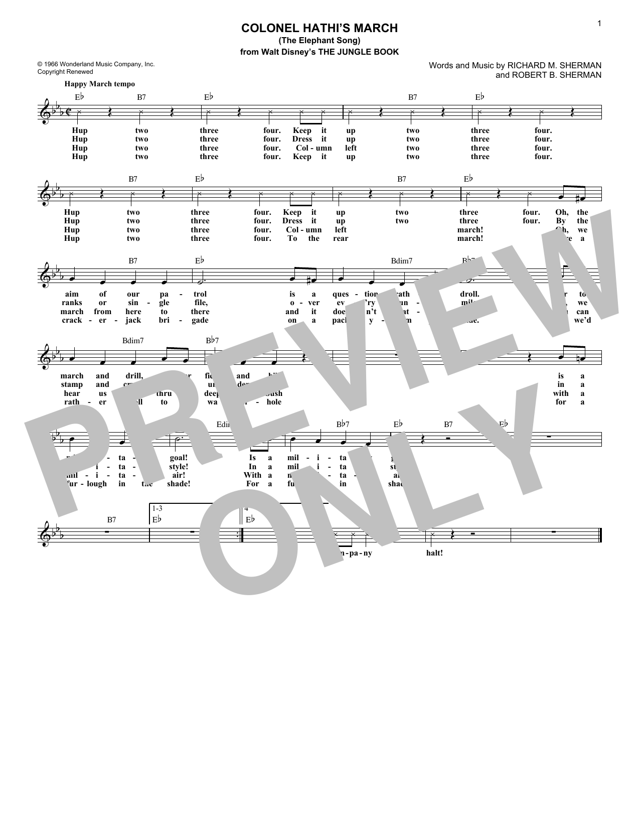 Richard M. Sherman Colonel Hathi's March (The Elephant Song) (from The Jungle Book) sheet music notes and chords. Download Printable PDF.