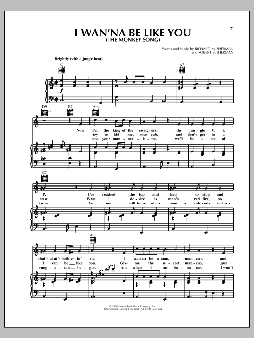 Richard M. Sherman I Wan'na Be Like You (The Monkey Song) (from The Jungle Book) sheet music notes and chords. Download Printable PDF.