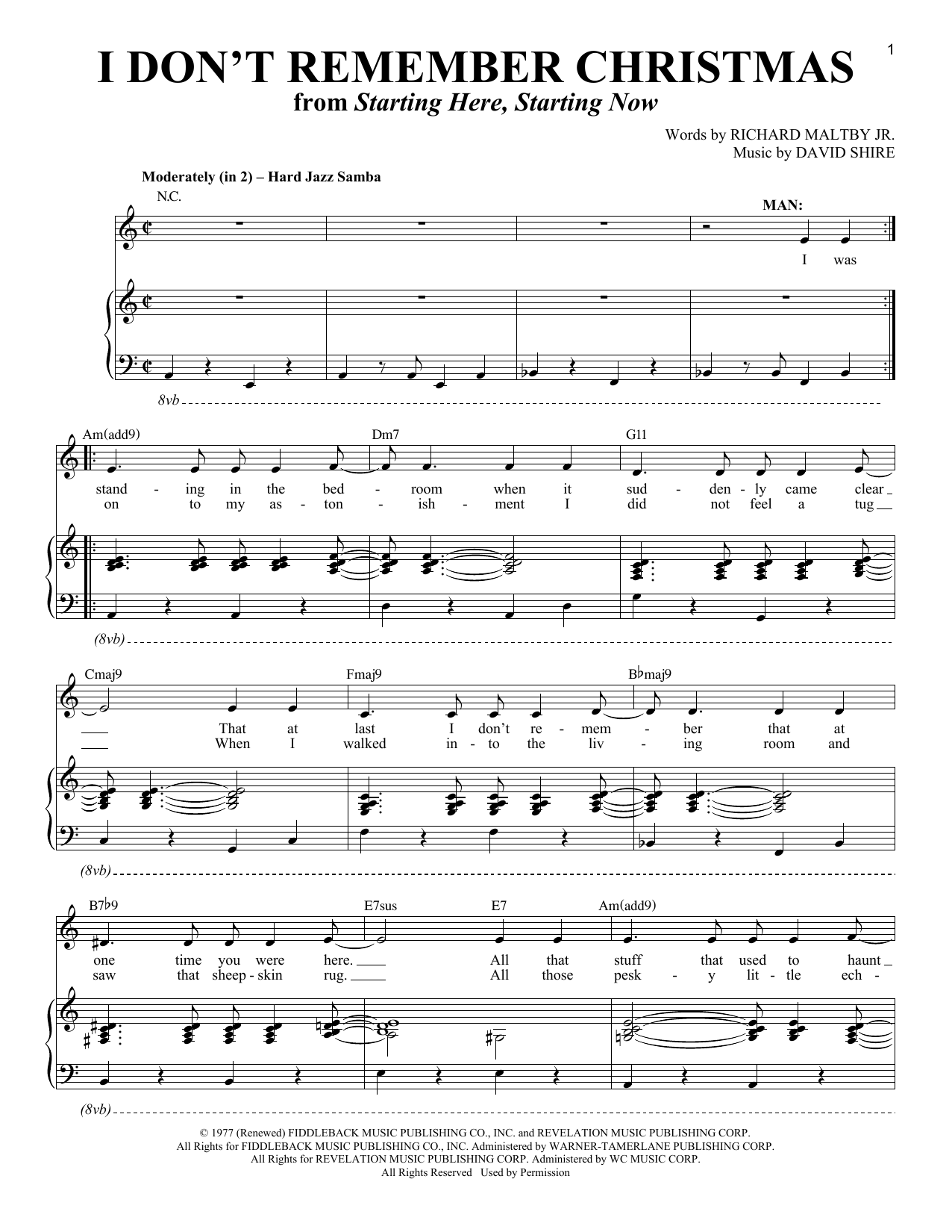 Richard Maltby Jr. and David Shire I Don't Remember Christmas (from Starting Here, Starting Now) sheet music notes and chords. Download Printable PDF.