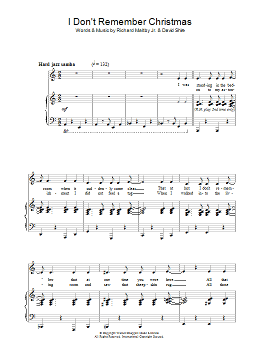 Learn to play Richard Maltby Jr. I Don't Remember Christmas (from Starting Here, Starting Now) sheet music for Piano, Vocal & Guitar Chords in minutes. Price: 7.8900$ Richard Maltby Jr. I Don't Remember Christmas (from Starting Here, Starting Now) sheet music notes and chords arranged for Piano, Vocal & Guitar Chords