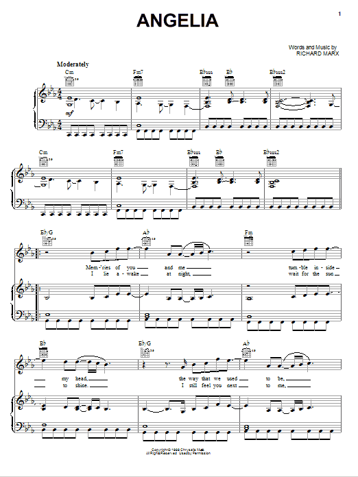 Learn to play Richard Marx Angelia sheet music for Piano, Vocal & Guitar Chords (Right-Hand Melody) in minutes. Price: 7.8900$ Richard Marx Angelia sheet music notes and chords arranged for Piano, Vocal & Guitar Chords (Right-Hand Melody)